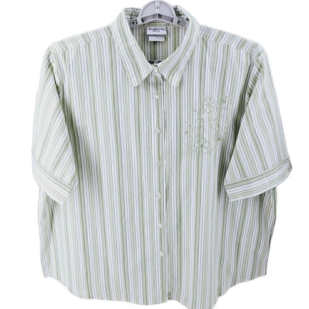 Bonworth Green and White Striped Casual Plus Button Up Blouse Size 2XL